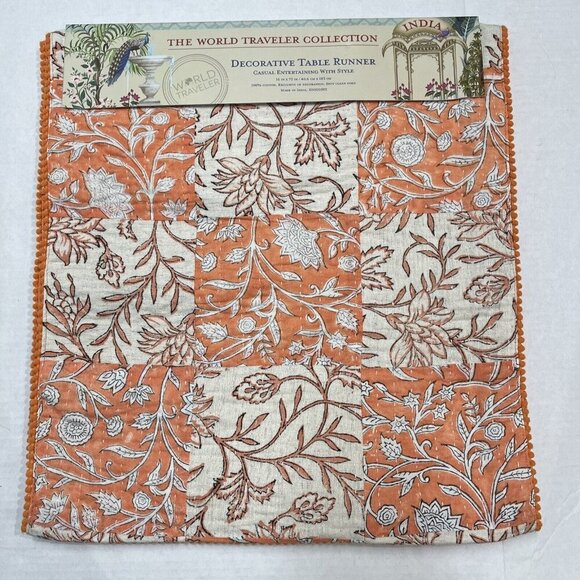 World‎ Traveler Collection Table Runner Orange Floral Patchwork 16x72 Boho - Picture 6 of 8